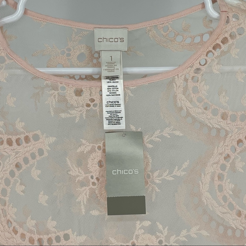 CHICO’S NWT NOVELTY LACE TUNIC LONG SLEEVE FASHION TOP PALE DOGWOOD LIGHT BLUSH - Picture 4 of 12